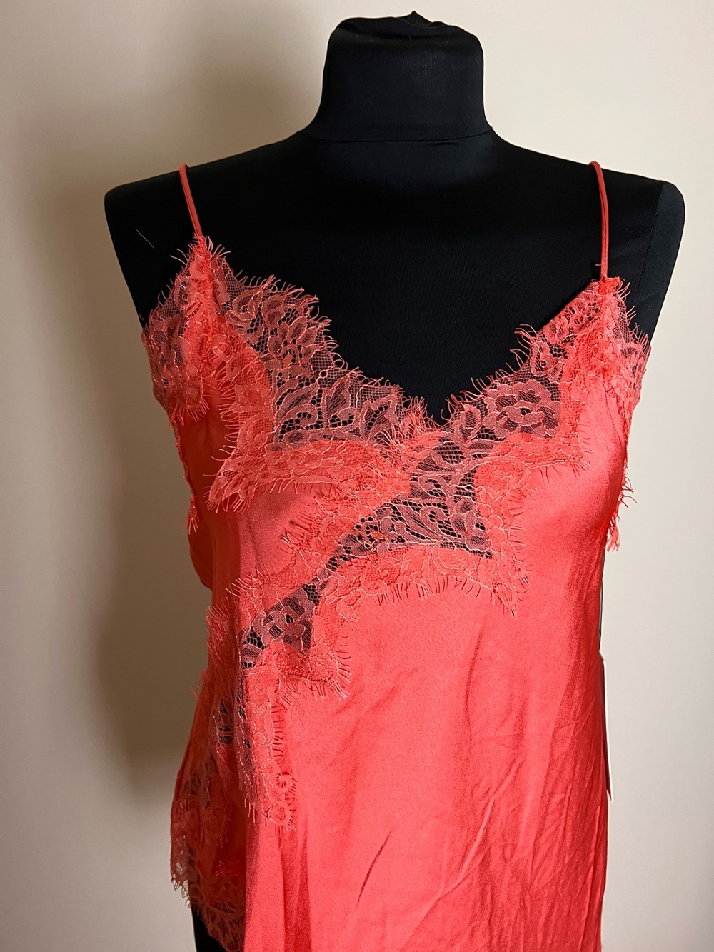 Satin Lace-Trim Camisole Tank in Coral NWT